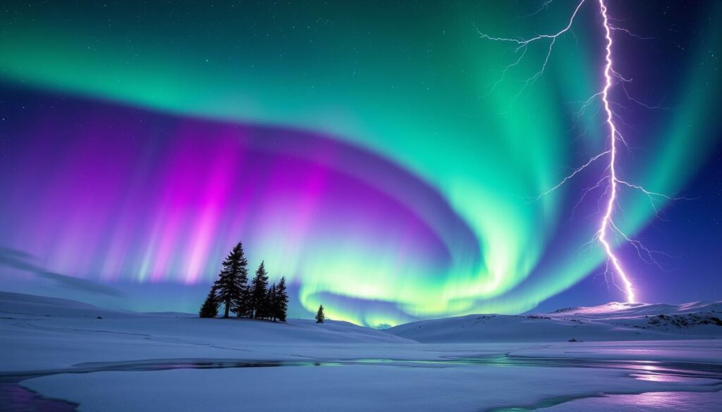 A breathtaking scene capturing the phenomenon of auroras and lightning in a vibrant sky. In the foreground, a serene landscape with snow-covered hills is lit by the ethereal glow of green and purple auroras swirling above. Wisps of luminous light dance, casting reflections on the icy surface below. In the middle ground, a few silhouetted trees stand tall against the colorful backdrop, while streaks of bright white lightning branch out across the sky, adding dynamic energy to the composition. The background is a deep indigo night sky filled with stars, enhancing the mystical atmosphere. The image should convey a sense of wonder and awe, showcasing the beauty of this natural spectacle, with soft lighting and a wide-angle view that captures the vastness of the scene.