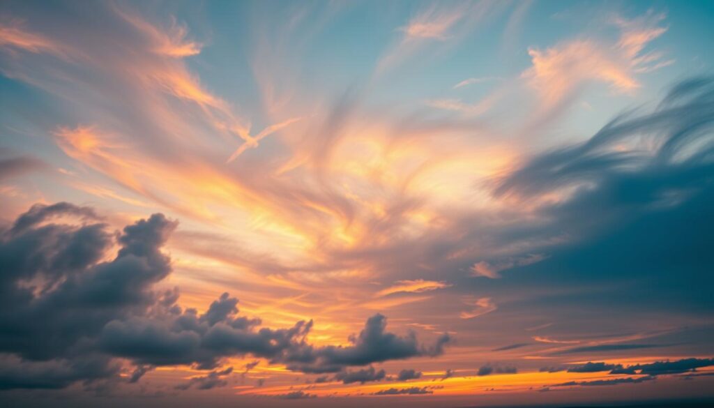 A breathtaking sky filled with atmospheric gravity waves, showcasing a dynamic interplay of light and colors. In the foreground, wispy clouds dance gently, illuminated by a soft sunset glow, reflecting hues of orange, pink, and purple. The middle ground features undulating layers of air distortions, creating a mesmerizing visual effect that captures the concept of gravitational waves. In the background, a serene horizon stretches out, where twilight merges with the late evening sky. The scene is captured with a wide-angle lens, emphasizing the vastness of the phenomena and a slightly low angle for an immersive perspective. The overall mood is one of wonder and curiosity, inviting viewers to ponder the mysteries of the universe.