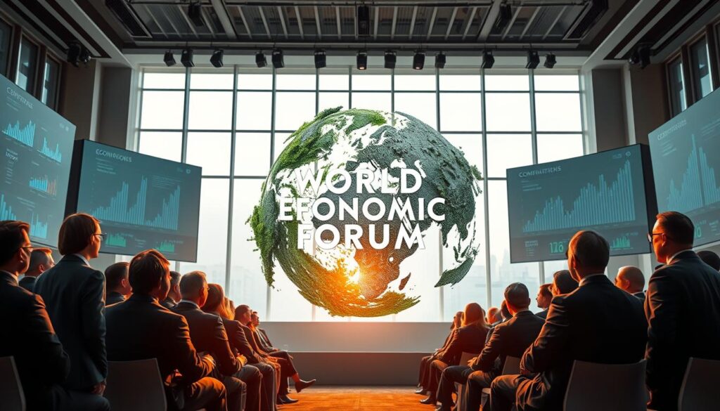 A dramatic depiction of the concept of carbon footprint critique related to the World Economic Forum. In the foreground, a diverse group of professionals in formal business attire, deep in discussion, surrounded by digital screens displaying graphs and data on carbon emissions. In the middle ground, an abstract representation of the globe made of various materials, symbolizing global economic activities and environmental impact, overlaying green and grey tones to signify sustainability and critique. The background features a modern conference hall with large windows, allowing natural light to pour in, creating a bright but serious atmosphere. The overall mood should convey urgency and the importance of addressing environmental challenges in economic discussions, while focusing on collaboration and innovation.