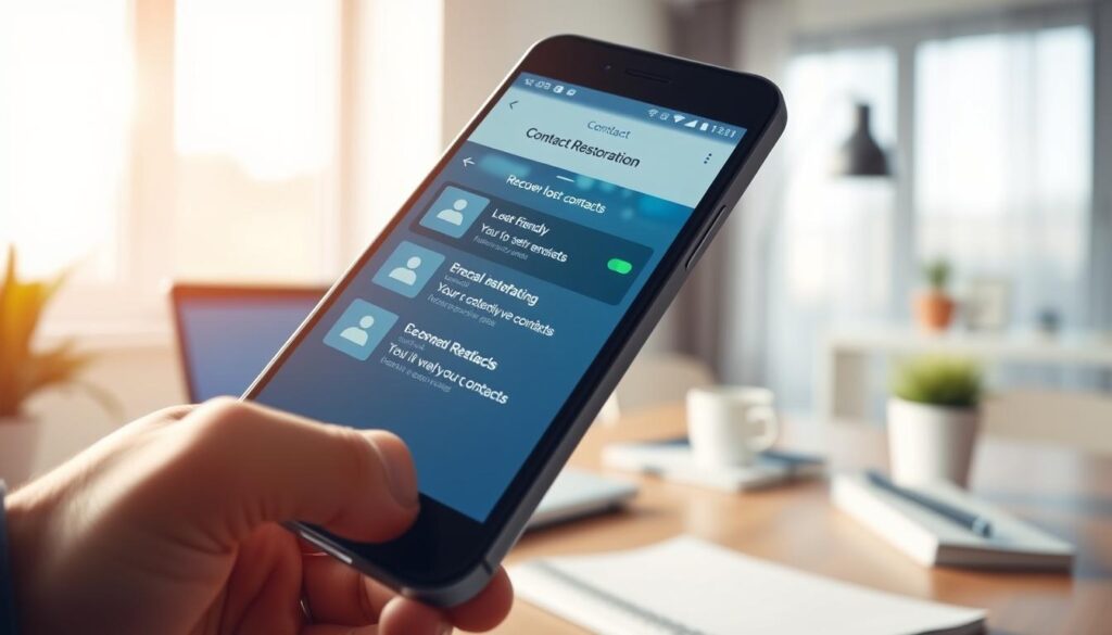 A dynamic and engaging scene illustrating a smartphone displaying a contact restoration application. In the foreground, the phone's screen shows a user-friendly interface with an attractive layout, including options to recover lost contacts. The middle ground features a clean, modern workspace with a blurred laptop and notebook, conveying productivity. In the background, soft focus on a calm indoor setting with natural light streaming through a nearby window, creating an inviting atmosphere. The overall mood is optimistic and solution-oriented, emphasizing technology and ease of use. The composition is visually balanced, with the smartphone being the focal point, captured at a slight angle to enhance depth and interest.