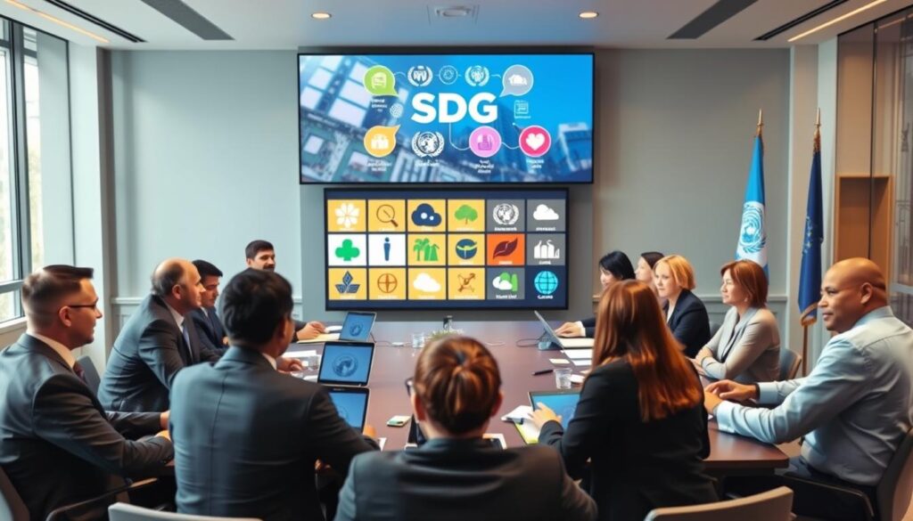 A dynamic meeting scene showcasing a collaboration between representatives of the World Economic Forum (WEF) and the United Nations (UN) focused on the Sustainable Development Goals (SDGs). In the foreground, diverse professionals in smart business attire, including men and women of various ethnic backgrounds, engage in discussion around a large conference table filled with documents and digital devices displaying SDG graphics. The middle ground features a large digital screen highlighting visual representations of the SDGs, like icons for clean water, education, and climate action. The background reveals a modern conference room with large windows, allowing natural light to illuminate the scene, creating an atmosphere of optimism and cooperation. The composition captures elements of professionalism, inclusivity, and a shared commitment to global sustainability.