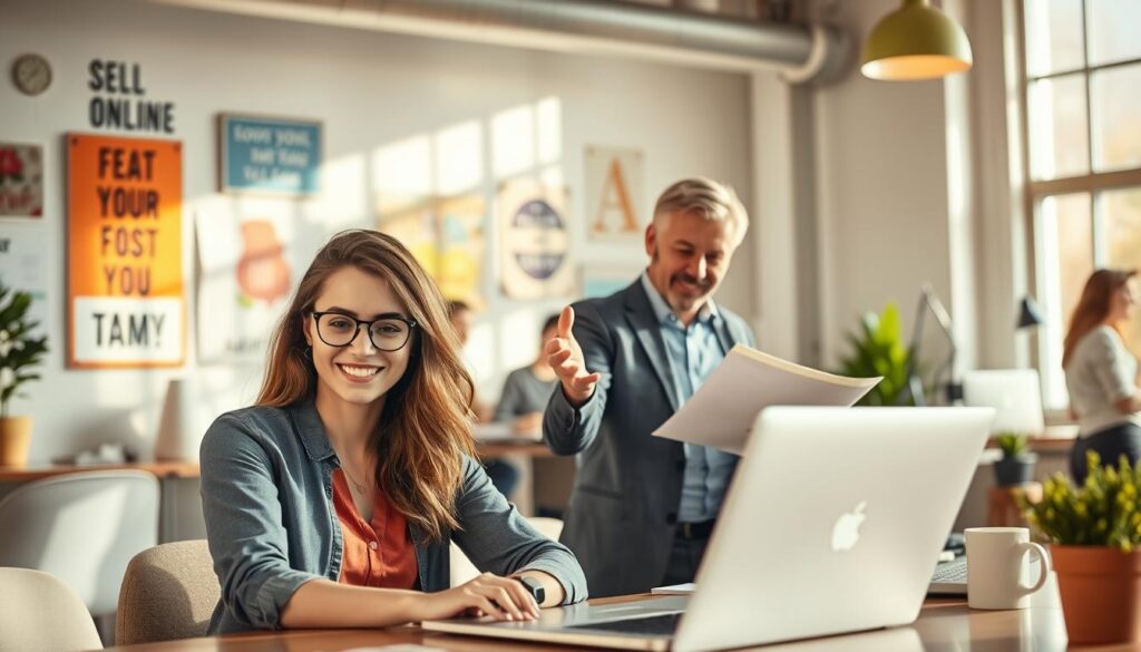 A dynamic workspace scene showcasing a diverse group of professionals engaged in selling online services and skills. In the foreground, a young woman in smart casual attire works on a laptop, demonstrating a friendly smile as she connects with clients. A middle-aged man nearby, dressed in business casual, reviews documents and gestures enthusiastically, indicating collaboration. In the background, bright office decor and motivational posters emphasize a creative atmosphere. Soft natural lighting streams in from large windows, casting a warm glow on the team. The overall mood is productive and inspiring, illustrating the potential of online work and skill-sharing in a vibrant, hardworking environment.