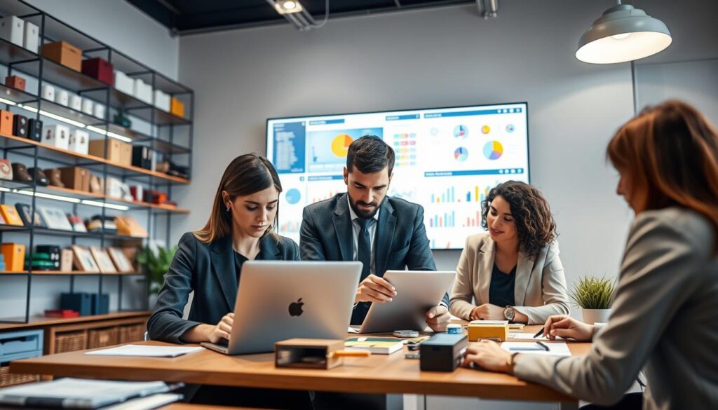 A modern workspace with a diverse group of professionals analyzing product selections for an online shop. In the foreground, a focused woman in business attire takes notes on her laptop, while a man beside her, also dressed professionally, examines product samples on the table. In the middle, a large screen displays colorful graphs and charts related to market trends and customer preferences. The background features shelves adorned with various products, creating a vibrant atmosphere. The lighting is bright and inviting, simulating a productive daytime environment. A wide-angle view captures a sense of collaboration and strategy, highlighting the importance of choosing the right products to boost online sales.