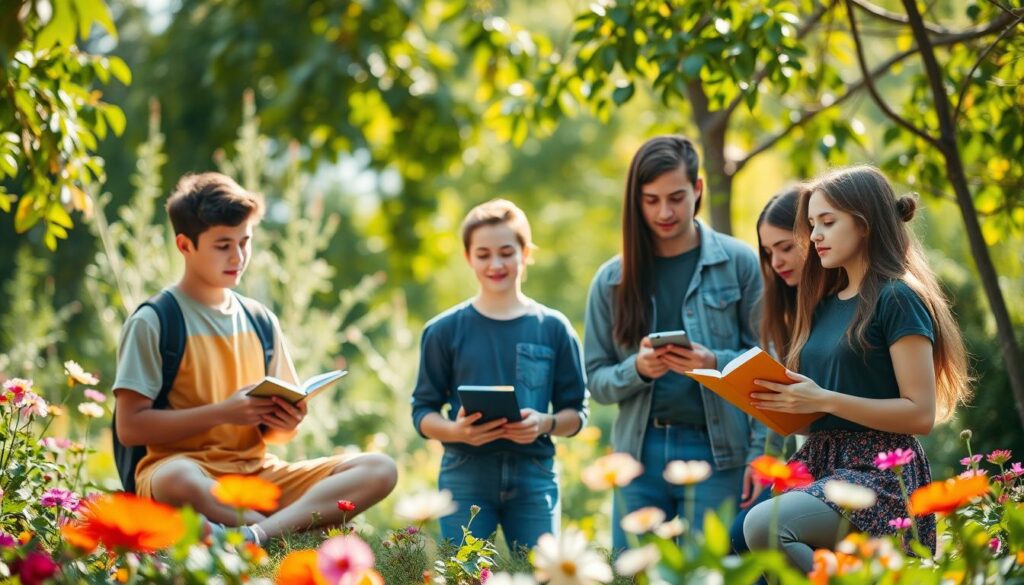 A serene and inviting scene depicting practical strategies for maintaining the mental health of adolescents. In the foreground, a diverse group of teenagers—two boys and two girls—engaged in various activities promoting mental well-being, such as meditation, journaling, and group discussions. They are dressed in modest casual clothing, exuding a sense of camaraderie and support. In the middle ground, a calming garden environment with lush greenery and colorful flowers enhances the atmosphere. The background features soft sunshine filtering through the leaves, casting gentle shadows, creating a peaceful, uplifting mood. The composition captures a sense of connection, positivity, and encouragement, using a soft focus lens effect to evoke warmth and tranquility. A serene and inviting scene depicting practical strategies for maintaining the mental health of adolescents. In the foreground, a diverse group of teenagers—two boys and two girls—engaged in various activities promoting mental well-being, such as meditation, journaling, and group discussions. They are dressed in modest casual clothing, exuding a sense of camaraderie and support. In the middle ground, a calming garden environment with lush greenery and colorful flowers enhances the atmosphere. The background features soft sunshine filtering through the leaves, casting gentle shadows, creating a peaceful, uplifting mood. The composition captures a sense of connection, positivity, and encouragement, using a soft focus lens effect to evoke warmth and tranquility.