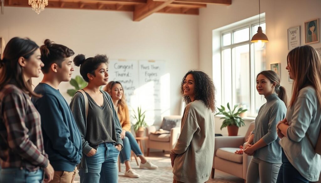A serene and supportive environment illustrating a mental health support system for teenagers. In the foreground, a diverse group of adolescents, dressed in modest, casual clothing, engages in open conversation, exhibiting expressions of empathy and understanding. The middle layer features a cozy counseling room with soft, natural light filtering through large windows, adorned with calming décor like plants and comfortable seating. In the background, symbols of connection and community, such as a whiteboard with positive affirmations and community resources. The atmosphere is warm and inviting, fostering a sense of hope and safety, ideal for discussions on mental health. Use soft focus to enhance the intimate, caring feel, capturing the importance of support systems in teenage mental health. A serene and supportive environment illustrating a mental health support system for teenagers. In the foreground, a diverse group of adolescents, dressed in modest, casual clothing, engages in open conversation, exhibiting expressions of empathy and understanding. The middle layer features a cozy counseling room with soft, natural light filtering through large windows, adorned with calming décor like plants and comfortable seating. In the background, symbols of connection and community, such as a whiteboard with positive affirmations and community resources. The atmosphere is warm and inviting, fostering a sense of hope and safety, ideal for discussions on mental health. Use soft focus to enhance the intimate, caring feel, capturing the importance of support systems in teenage mental health.