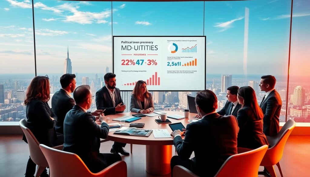 A vibrant scene illustrating the interconnectedness of political awareness and participation. In the foreground, a diverse group of individuals in professional business attire engage in animated discussions around a round table filled with documents and digital devices. In the middle ground, a large screen displays infographics and charts showcasing civic engagement statistics. The background features a city skyline, symbolizing modern society, under a clear blue sky, conveying optimism and collaboration. Soft, warm lighting casts a hopeful glow over the group, highlighting their expressions of determination and engagement. The overall atmosphere is dynamic and inspiring, reflecting the importance of political consciousness in fostering active participation in a contemporary context.