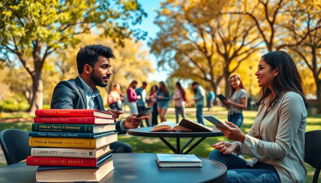 A vibrant scene showcasing a diverse group of young adults engaged in a political discussion outdoors, symbolizing political education. In the foreground, three individuals—one Black woman, one South Asian man, and one Hispanic woman—are seated at a circular table stacked with books on political theory and democracy, dressed in smart casual attire. The middle ground features a park setting with trees and a small gathering of other young people, animatedly exchanging ideas, some taking notes and using laptops. In the background, a bright blue sky complements the warm sunlight filtering through the leaves, creating an inviting and hopeful atmosphere. The overall mood is one of engagement, curiosity, and empowerment, capturing the essence of political awareness among the youth.