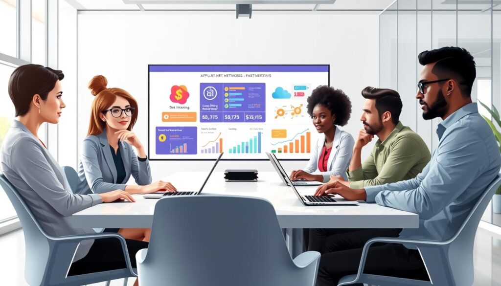 An illustration of a professional setting featuring a diverse group of individuals engaged in a discussion about affiliate marketing. In the foreground, a confident woman and a thoughtful man are sitting at a modern conference table with laptops open, analyzing graphs and charts related to online earnings. In the middle, a large digital screen displays vibrant infographics about affiliate networks and partnerships. In the background, a bright office space with large windows lets in natural light, creating an inspiring atmosphere. The overall mood is collaborative and motivational, emphasizing learning and growth in online income strategies. The scene is well-composed with a shallow depth of field, ensuring a focus on the participants and their engaging exchange of ideas.