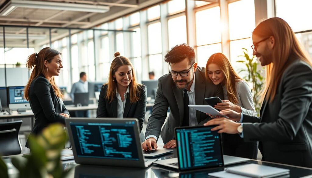 A dynamic IT professional working in a modern office environment, showcasing high-demand job roles such as software development, data analysis, and cybersecurity. The foreground features a diverse group of professionals in business attire, engaged in discussions over a laptop and digital devices, with charts and codes displayed on screens. In the middle ground, sleek office furniture, glass partitions, and high-tech gadgets illustrate a cutting-edge workspace. The background showcases soft natural lighting filtering through large windows, casting a warm glow across the office. The mood is energetic and collaborative, emphasizing innovation and growth in the IT sector. The composition includes a slight depth of field effect to draw focus on the individuals while maintaining clarity in the workspace.