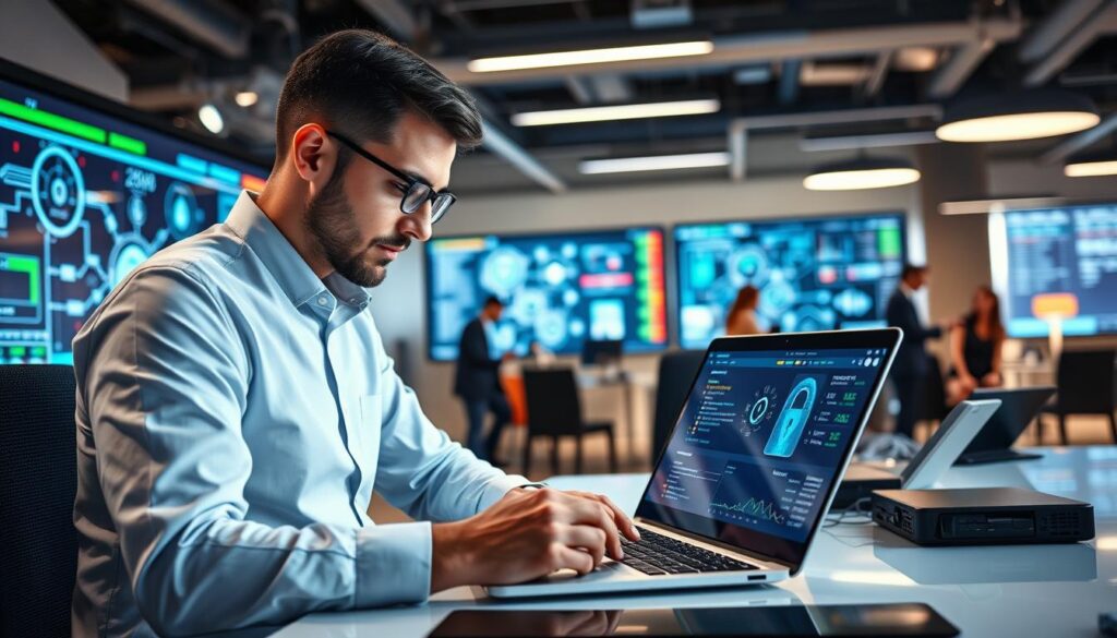 A professional IT security and infrastructure manager works intently at a modern desk filled with high-tech devices. In the foreground, a focused individual in business attire examines cybersecurity metrics on a sleek laptop, illuminated by soft, ambient lighting. The middle ground features a large digital screen displaying intricate network diagrams and security alerts, showcasing the complexity of the IT infrastructure. In the background, a stylish, open-plan office with team members collaborating illustrates a bustling tech environment. The overall atmosphere is dynamic, highlighting the importance of security and management in IT. The image should evoke a sense of innovation and professionalism, with a slightly blurred depth of field to draw attention to the manager's concentration on their work.